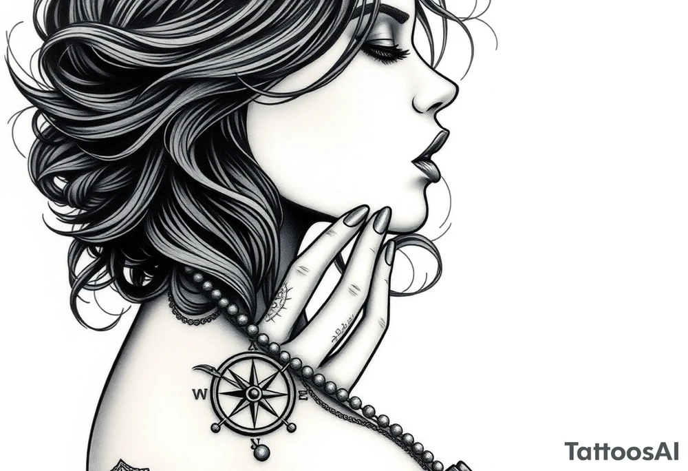 Profile of sexy woman with messy hair
, hand on chin, mouth open , lace, lipstick, pearls
compass and gun near by tattoo idea