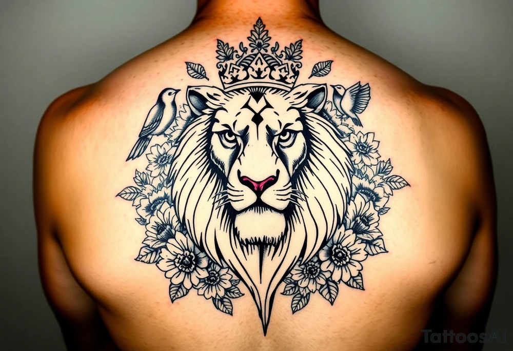 powerful majestic lion with a crown, surrounded by floral ornaments and birds tattoo idea