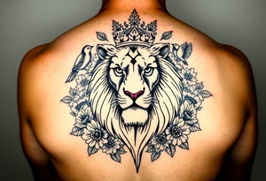 powerful majestic lion with a crown, surrounded by floral ornaments and birds tattoo idea