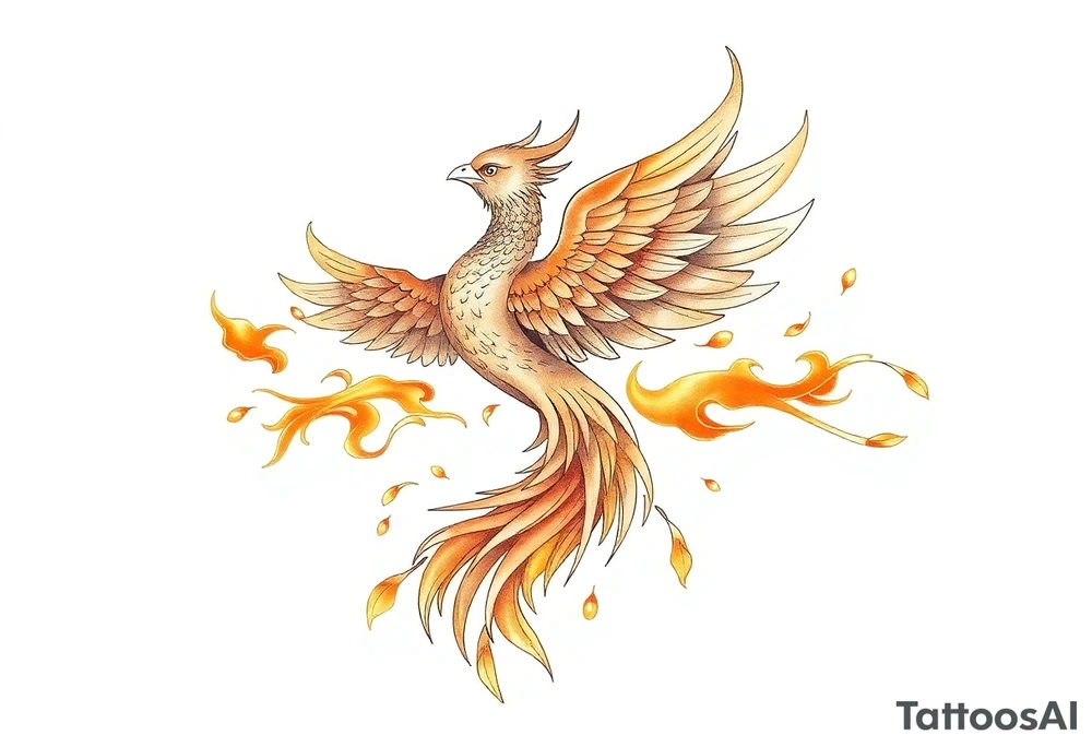 magnificent phoenix rising from golden flames with trailing embers tattoo idea