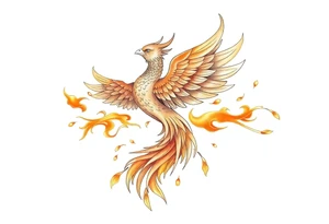 magnificent phoenix rising from golden flames with trailing embers tattoo idea