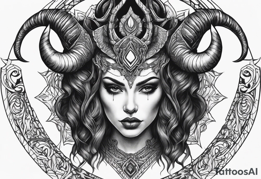 symmetrical beautiful horror woman head with curved horns facing downwards dark realism looking front facing view tattoo idea