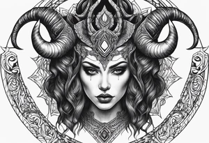 symmetrical beautiful horror woman head with curved horns facing downwards dark realism looking front facing view tattoo idea