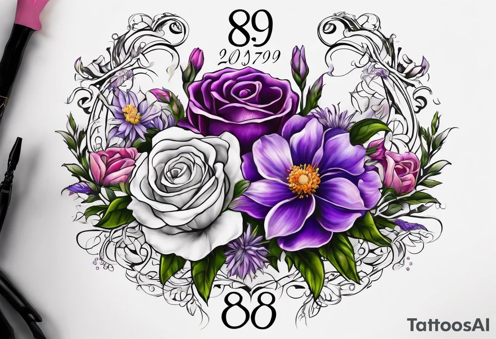 Infinity symbol with violet, rose, larkspur and aster birth flowers on one side and the date 8.30.1997 on the other side tattoo idea