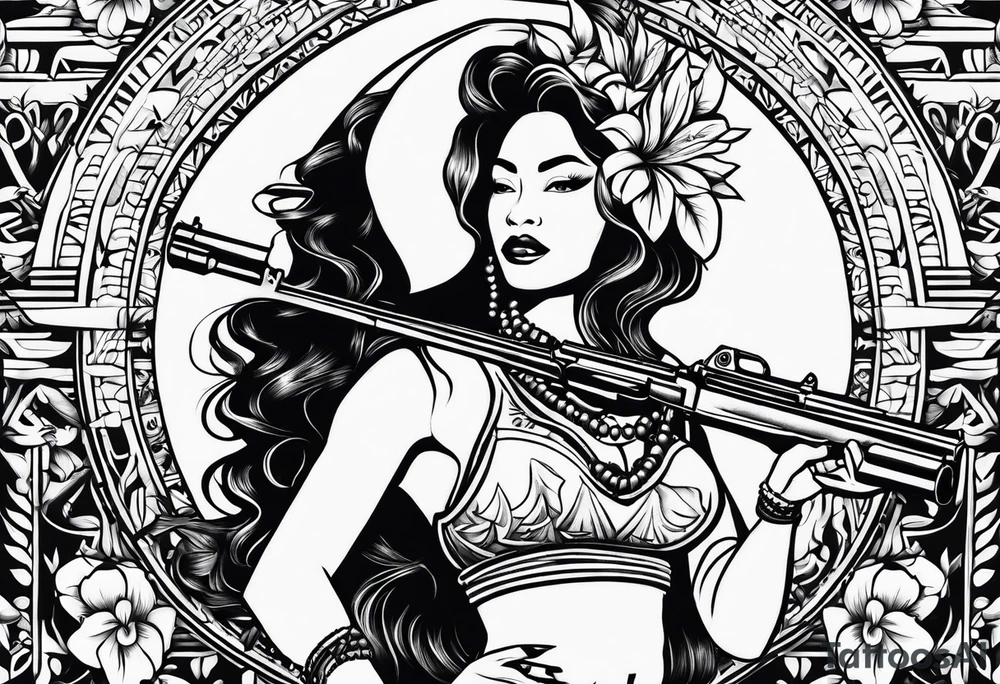 old school tahtian hawaian hula girl   with famas gun tattoo idea