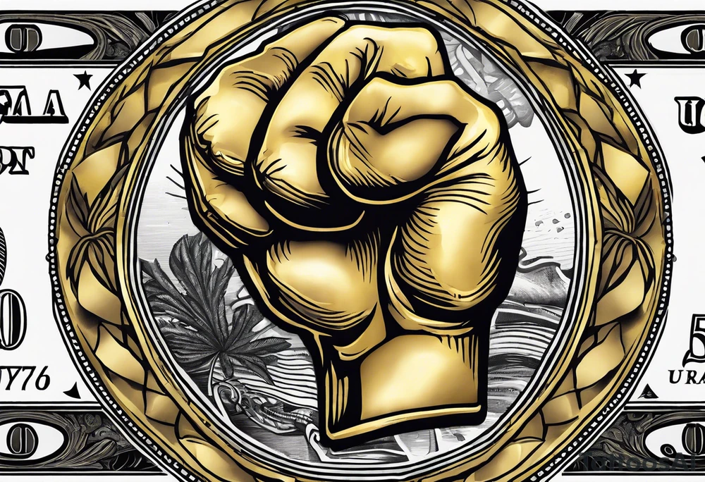 Gold dollar sign with a fist that looks like a hundred dollar bill punching through it tattoo idea