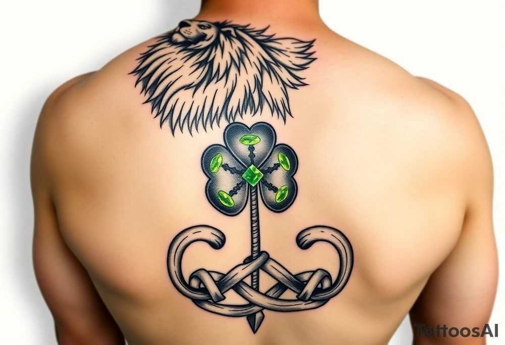 Create a men's half-sleeve tattoo with a powerful majestic lion at the top of the shoulder, extend the bottom of the lion's mane to become open and shaded Celtic knots that travel down the arm with a ribbon twist. At the twist, create a Celtic shamrock with green peridot jewel petals and an organic stem. Continue the knots to intersect with a Celtic warrior armband that wraps the arm just above the elbow. tattoo idea