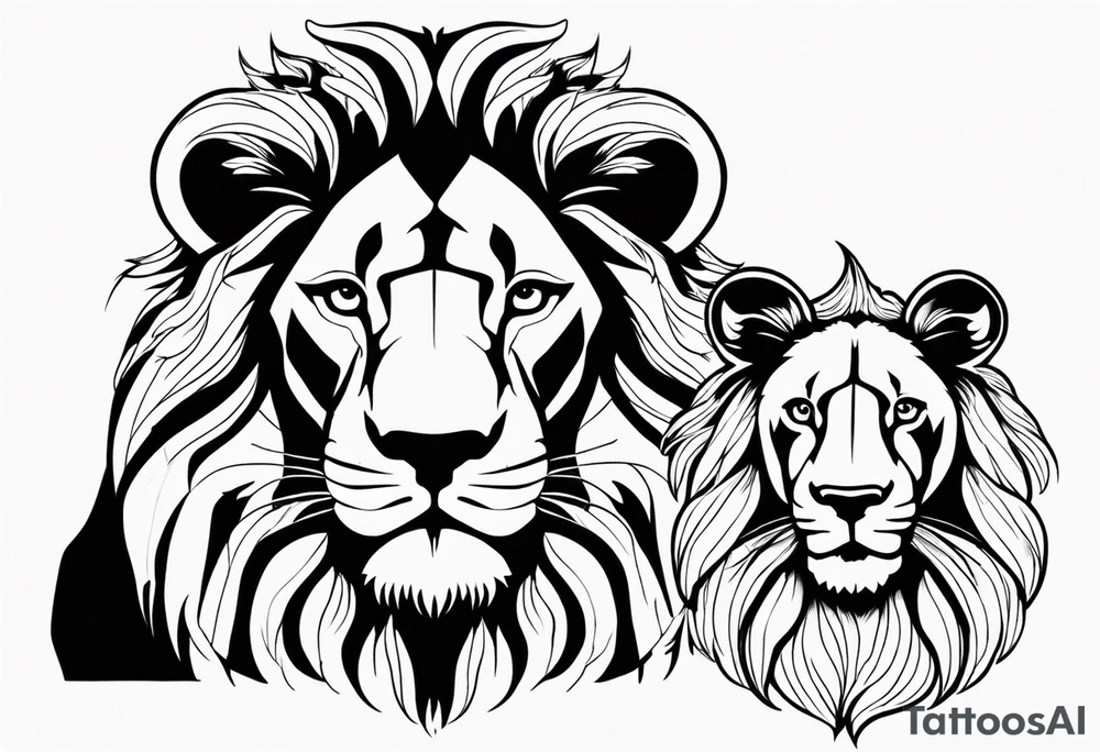 Tete Visage lion coupé en deux avec son bebe avec trait super fin tattoo idea