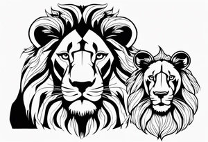 Tete Visage lion coupé en deux avec son bebe avec trait super fin tattoo idea