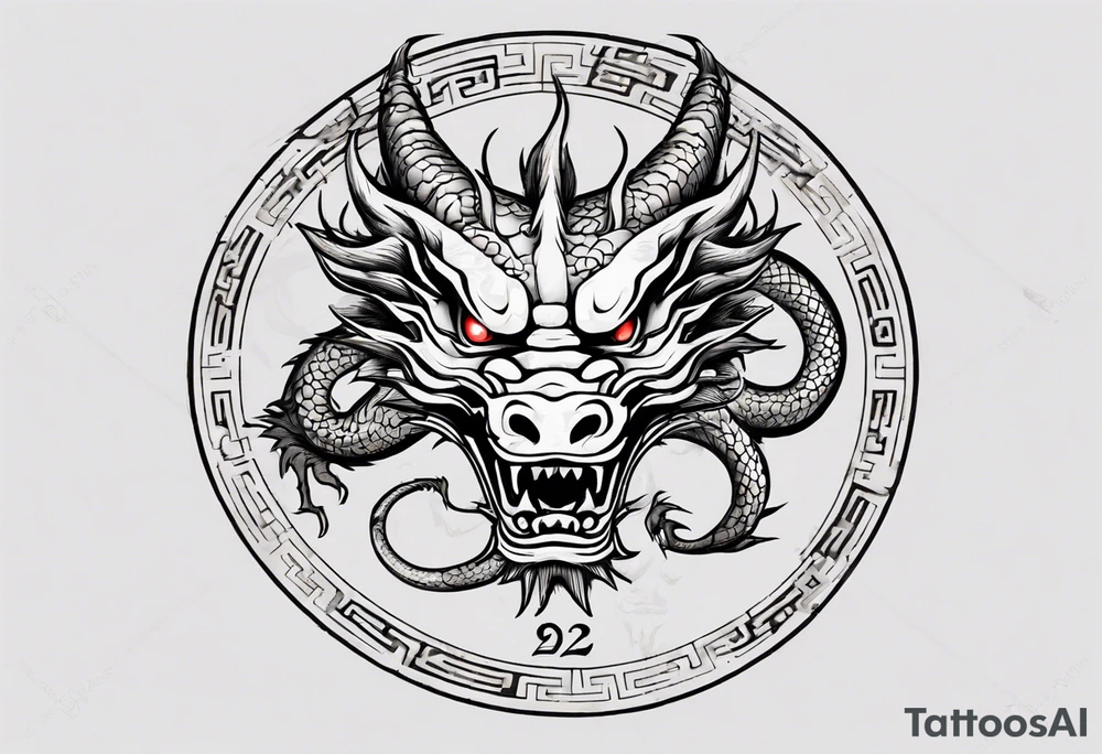 Chinese dragon in a circular shape with "02.03" written on its skin tattoo idea