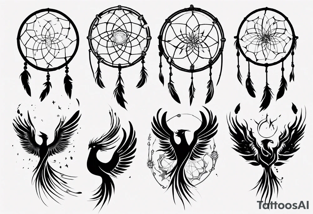 Phoenix flying firy dream catcher tattoo idea