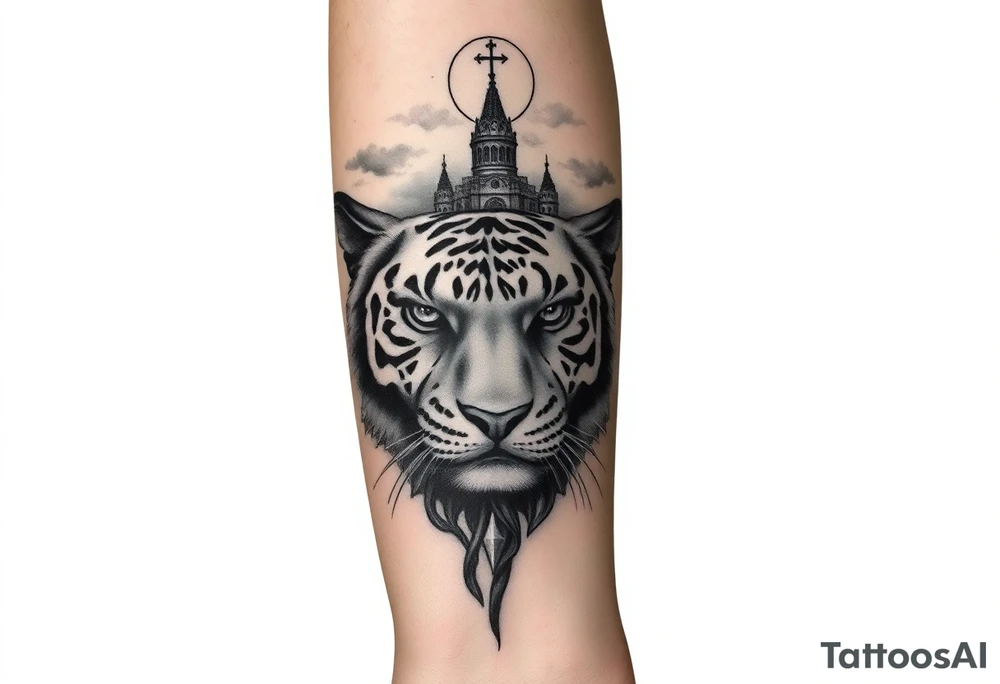 in a dorsal view of the hand and forearm a tiger face on the hand with black hollowed eyes, then above this a orthodox church shrouded with a mist and fading into a virgin mary overlooking tattoo idea