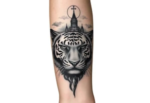 in a dorsal view of the hand and forearm a tiger face on the hand with black hollowed eyes, then above this a orthodox church shrouded with a mist and fading into a virgin mary overlooking tattoo idea