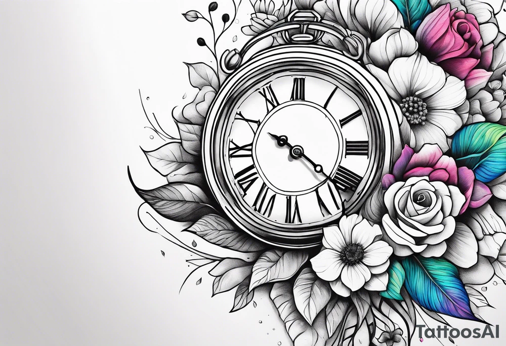 Rainbow baby, flowers, clock tattoo idea