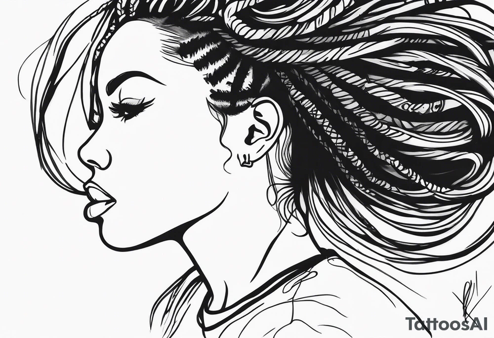 Draw a women head with real dread locks flying in the air, all hair should be to see tattoo idea