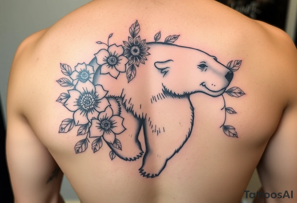 powerful majestic polar bear with flowers from Nunavut and representing pain, anger love and healing tattoo idea