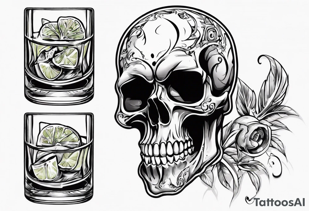 A smiling looking to the left scull inside the glass with alcohol and piece of lime tattoo idea
