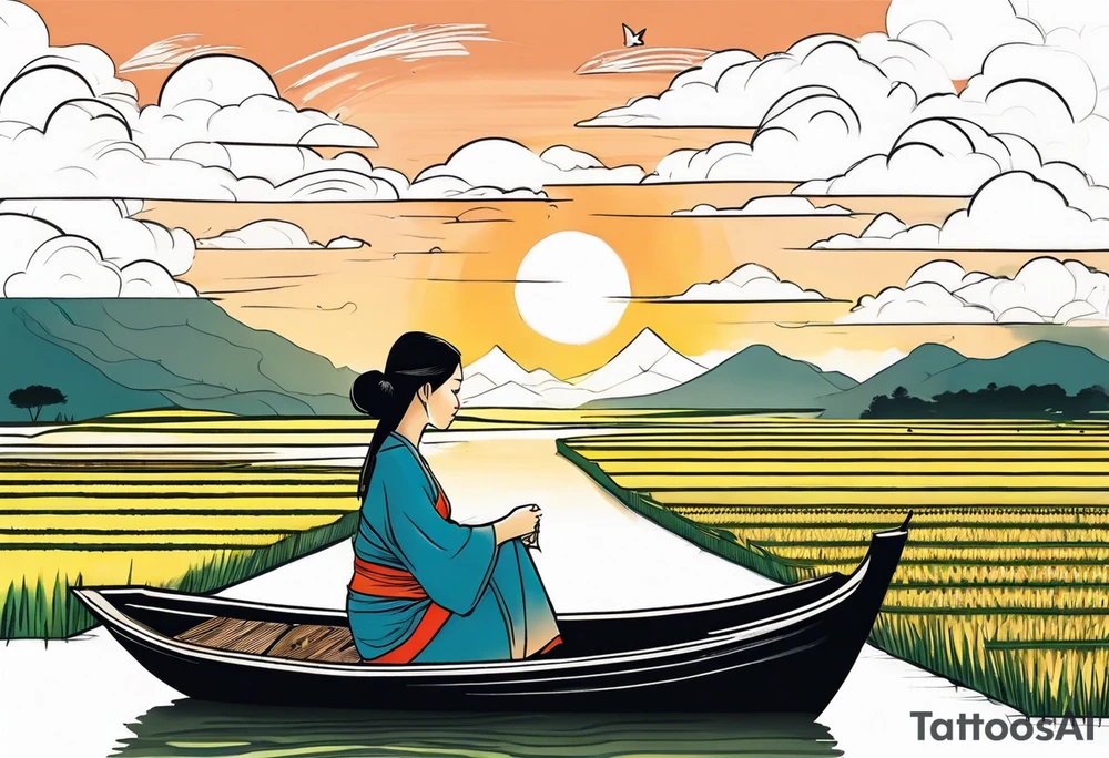 vietnamese lady on boat rice fields water sunset home clouds tattoo idea