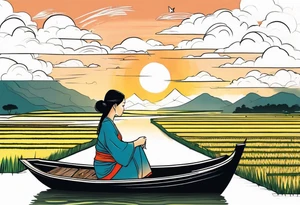 vietnamese lady on boat rice fields water sunset home clouds tattoo idea