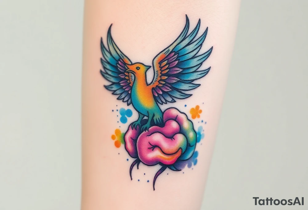 A phoenix rising out of a brain colorful tattoo idea