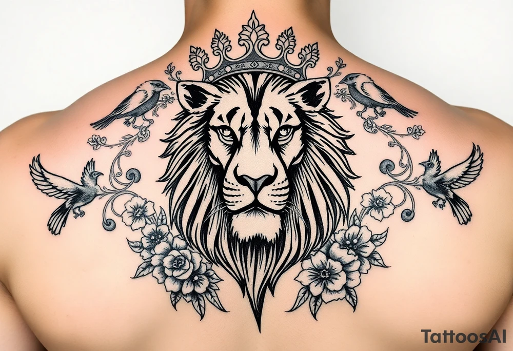 powerful majestic lion with a crown, surrounded by floral ornaments and birds tattoo idea