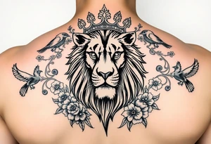 powerful majestic lion with a crown, surrounded by floral ornaments and birds tattoo idea
