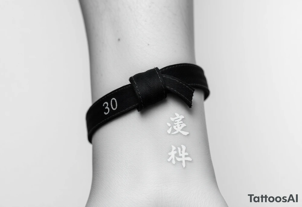 A realistic black and gray tattoo of a Brazilian Jiu-Jitsu black belt wrapping around the wrist like a bracelet. The belt is tied in a knot with one end showing the number 30 and the other showing 24. On the flat end of the belt, two Japanese kanji characters are inked in white: 成長 (growth) and 忍耐 (perseverance). The belt has subtle stitch marks and worn, textured shading for a slightly distressed, authentic look. tattoo idea
