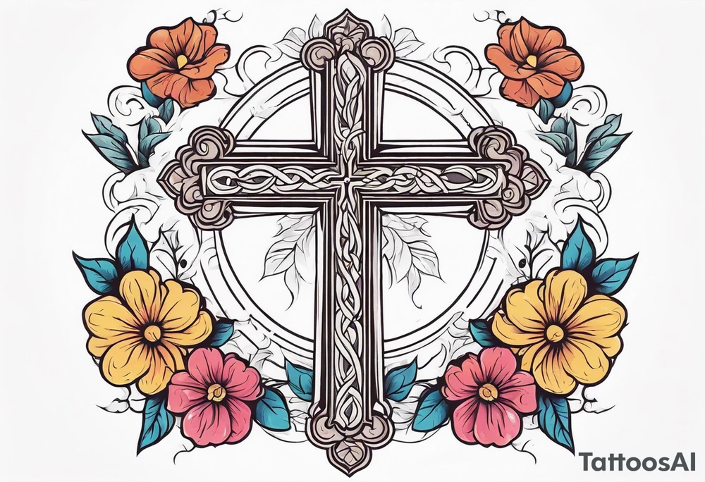 plain cross surrounded 
 with flowers and twisted around cross
 colorful tattoo idea