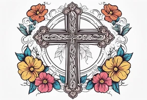 plain cross surrounded 
 with flowers and twisted around cross
 colorful tattoo idea