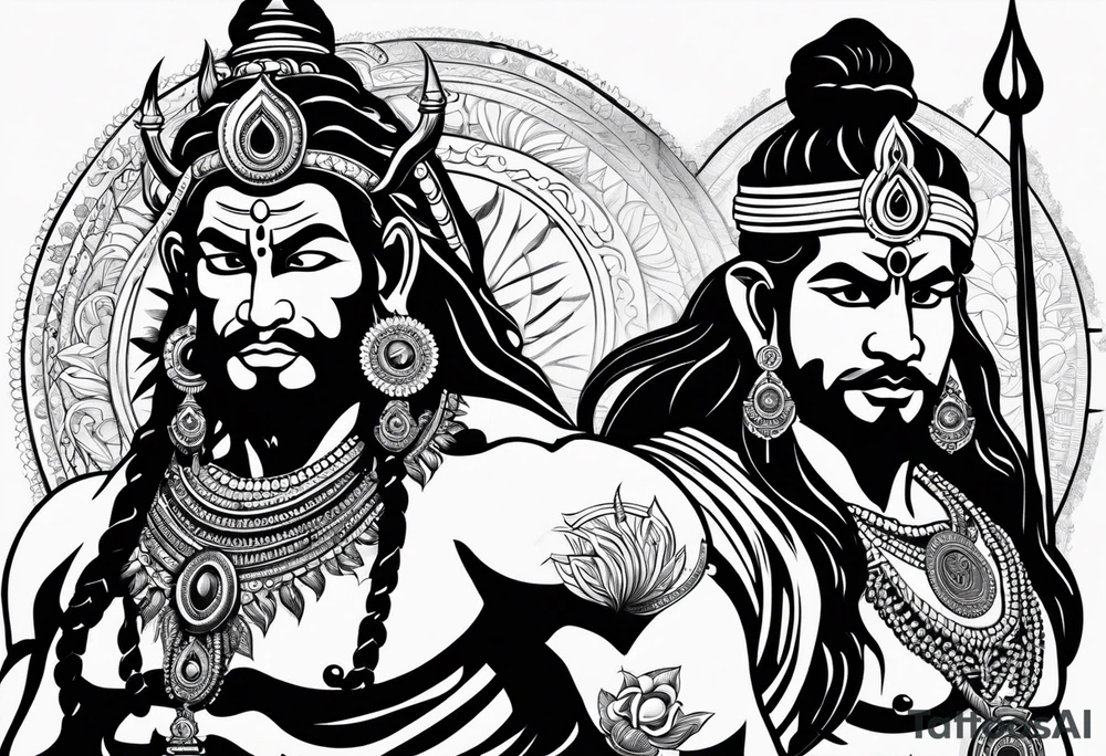 Lord Shiva and lord hanuman with a compass on background tattoo idea