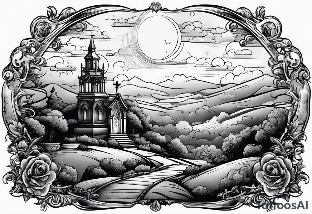 Cemetery on hills with clouds and moon tattoo idea