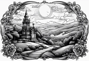 Cemetery on hills with clouds and moon tattoo idea
