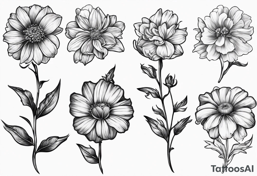 one larkspur, one carnation, one violet and one daisy with stems  and tied together with bow tattoo idea