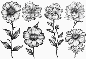 one larkspur, one carnation, one violet and one daisy with stems  and tied together with bow tattoo idea