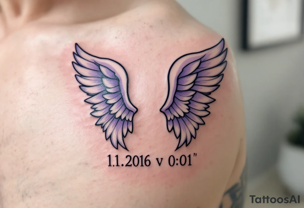 pair of angel wings enclosing name Linda and numbers 1.1.2016 v 0:01", done in light gray and faded lilac. tattoo idea