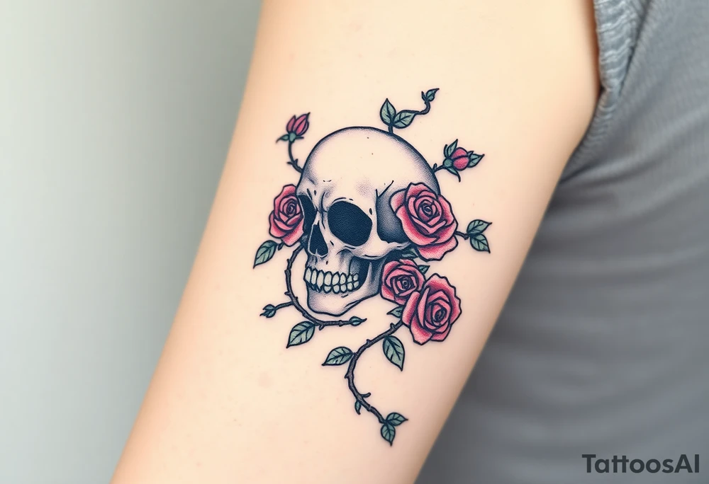 gothic skull intertwined with climbing roses and thorny vines tattoo idea