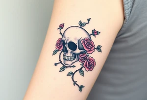 gothic skull intertwined with climbing roses and thorny vines tattoo idea