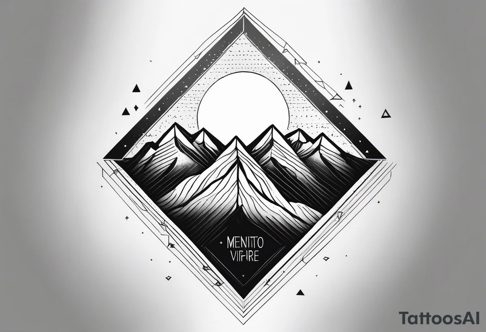 A simple tattoo with mountains and sun in fine line triangles with quote Memento Vivere tattoo idea