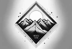 A simple tattoo with mountains and sun in fine line triangles with quote Memento Vivere tattoo idea