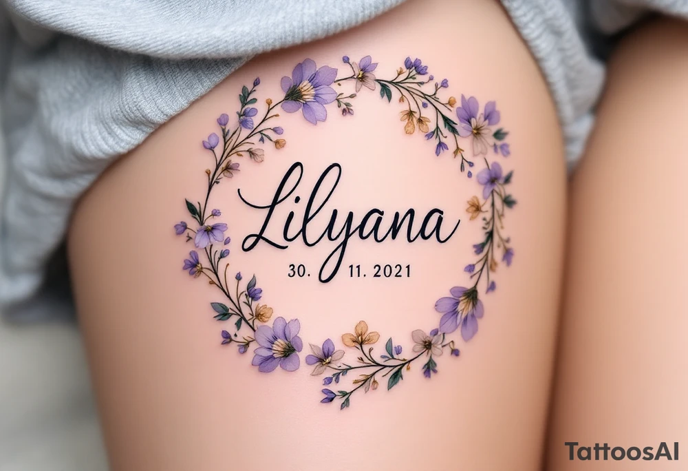 Lenka 30. 11. 2021 – Lavender and soft gold flowers circling Lilyana's birthdate, in a delicate cursive font. tattoo idea