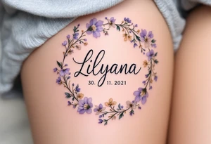 Lenka 30. 11. 2021 – Lavender and soft gold flowers circling Lilyana's birthdate, in a delicate cursive font. tattoo idea
