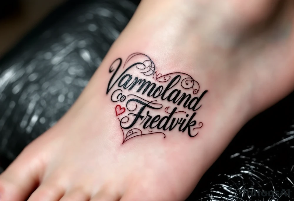 A combination of the words Värmland Cowrite Fredrik, enclosed by a heart tattoo idea