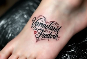 A combination of the words Värmland Cowrite Fredrik, enclosed by a heart tattoo idea