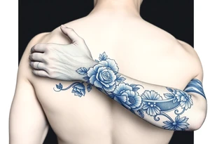 forearm sleeve porcelain blue style with ornate and floral decor with a detailed banded border at the wrist and elbow. tattoo idea
