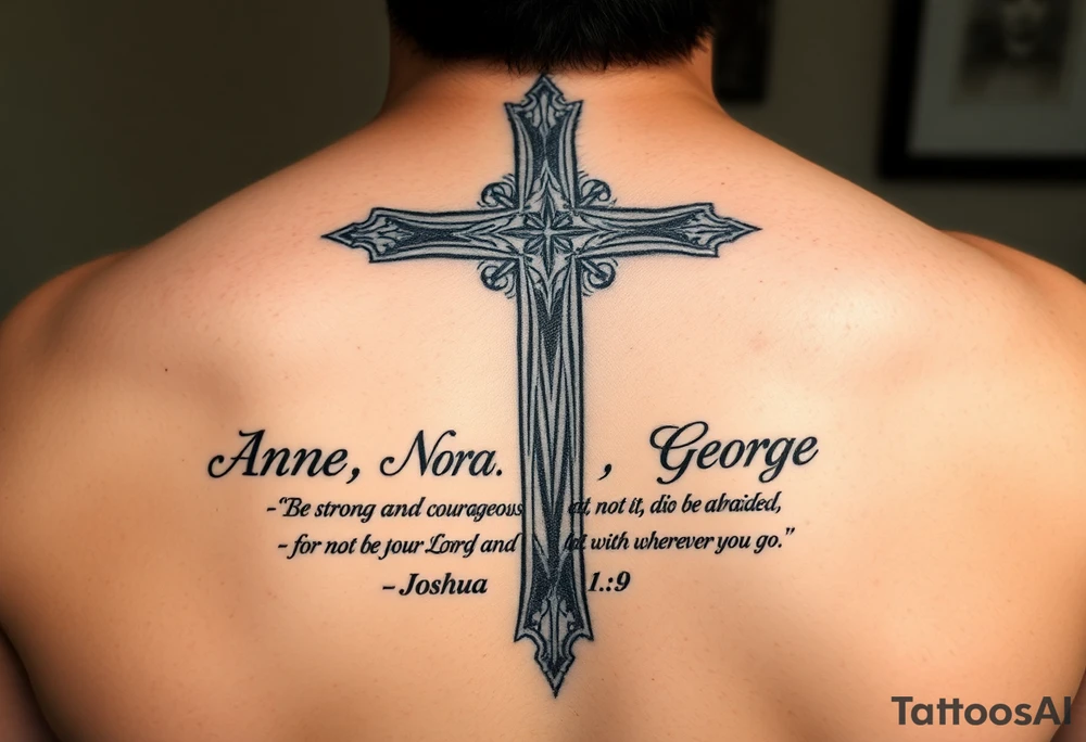 A cross with my grandparents name Anne, Nora, George and add this bible verse Joshua 1:9: "Be strong and courageous. Do not be afraid; do not be discouraged, for the Lord your God will be with you wherever you go tattoo idea