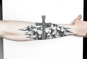 russian orthodox cross in a mountainous setting tattoo idea