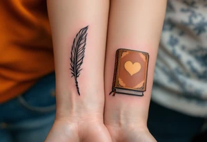 A detailed quill pen in black for him and a brown-gold book for her on the upper arm reflect writing your shared story. tattoo idea