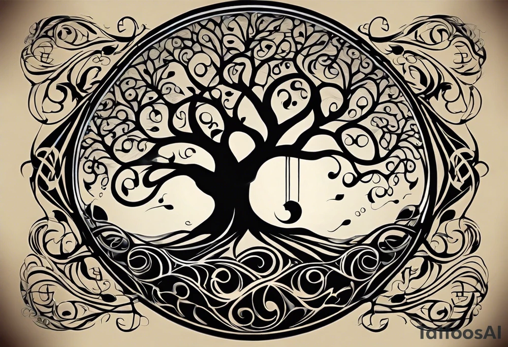 A tattoo design that incorporates the following elements: an abstract tree of life that has roots emerging  from the ground. Waves of water encapsulate the tree and wind around it in an organic way.  Incorporate music.   the letters U and A are overlapping and engraved into the tree. a golf ball incorporated but not prominent. tattoo idea