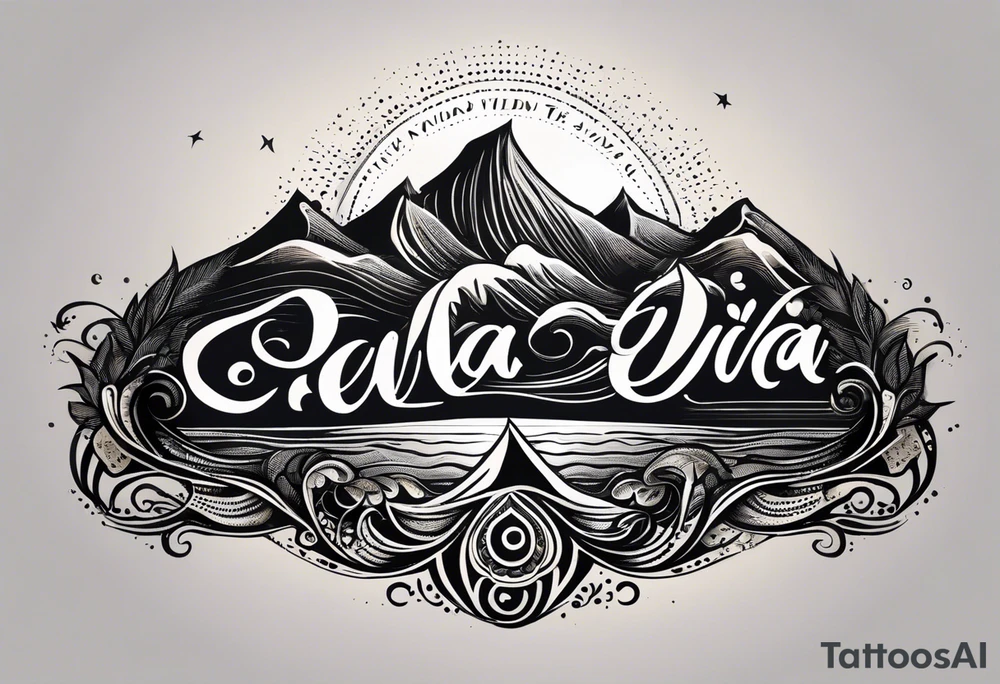 The letters "Pura Vida" forming the gentle curves of ocean waves, with the "i" in "Vida" extending into a mountain peak. The sun could be subtly incorporated above the letters. It creates a harmonious blend of nature and the phrase. tattoo idea