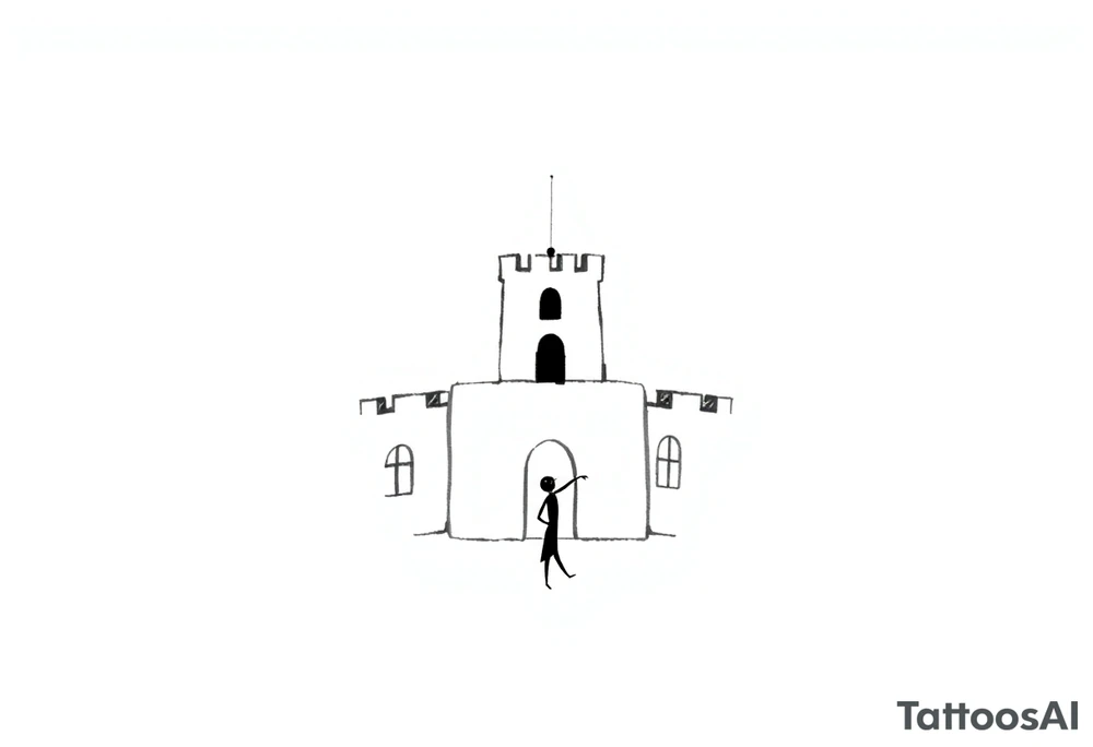 Create a minimalistic tattoo design based on a trapezoid shape representing a trap or siege. The trapezoid is the main background and frame.

Inside the trapezoid:

1. A small, simple castle at the top center with smooth walls and a short tower on one side, symbolizing loneliness.


2. A tiny black brick embedded in the castle wall, representing a 225 mg Tramadol pill — looks like a small dark dot from afar.


3. A small smiling mask on the tower with two dots for eyes and a curved line for a mouth, symbolizing hiding inner pain behind a smile.


4. A thin, irregular crack running from the bottom to the top of the castle wall, representing inner wounds and fractures.


5. A thin diagonal ray of light shining from one of the castle windows, symbolizing hope amidst darkness.


6. An abstract, minimal dancer figure in the castle courtyard made with simple lines, symbolizing dancing and perseverance despite being trapped.



The overall design should look clean and geometric from afar, but each element carries personal symbolism and emotional depth. tattoo idea